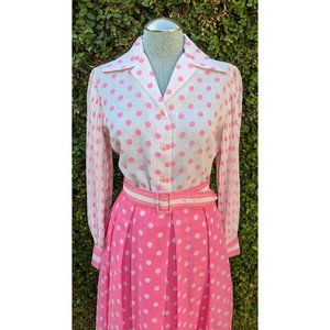 Vintage Pink Polka Dot Collared Dress with Belt
